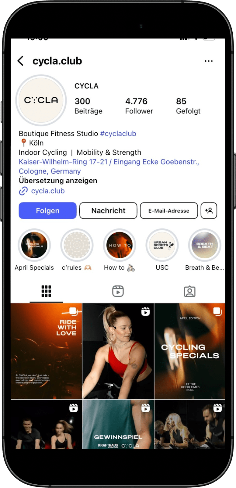 Social Media for fitness studios: Cycla Instagram