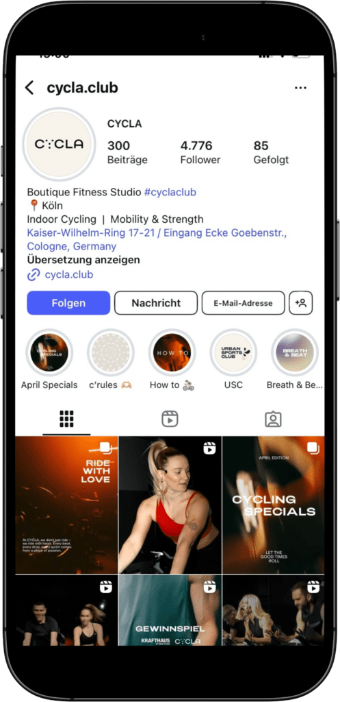 Social Media für Fitnessstudios: cycla Instagram
